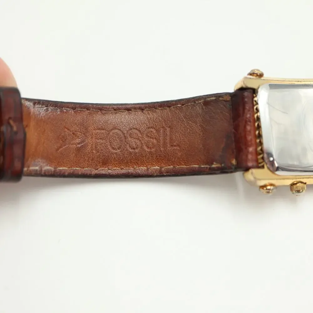 Vintage Fossil Dual Time 25mm Tank Watch Gold Tone Curved Black Dial New Battery